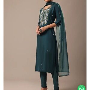 Indian dress—Blue Chanderi hand-embroidered Kurta set with Organza Dupatta